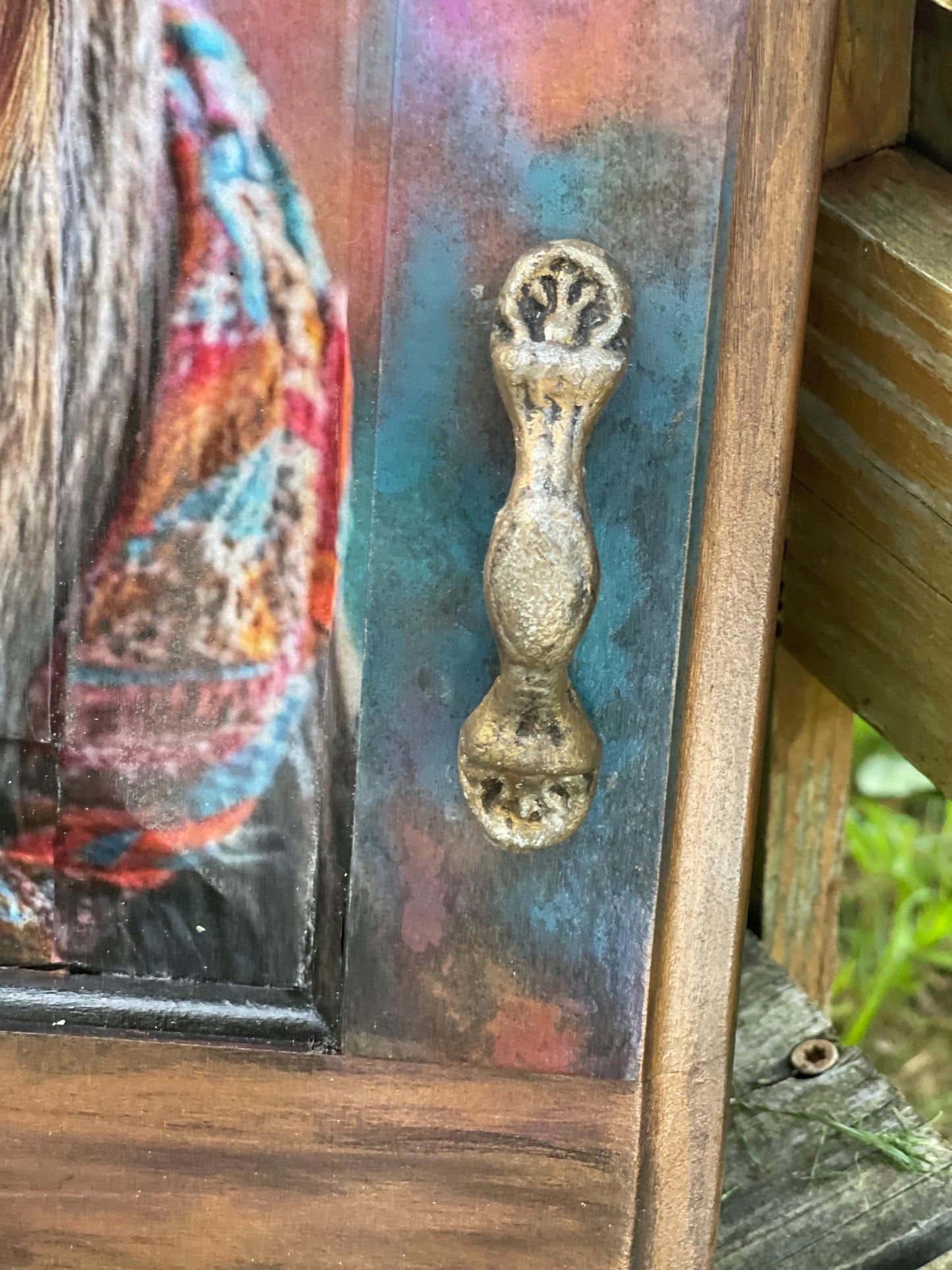 Billy the Ranch hand goat, whimsical decoupage with acrylic hand painted accents on upcycled Cabinet Door, Mixed Media Wall Hanging