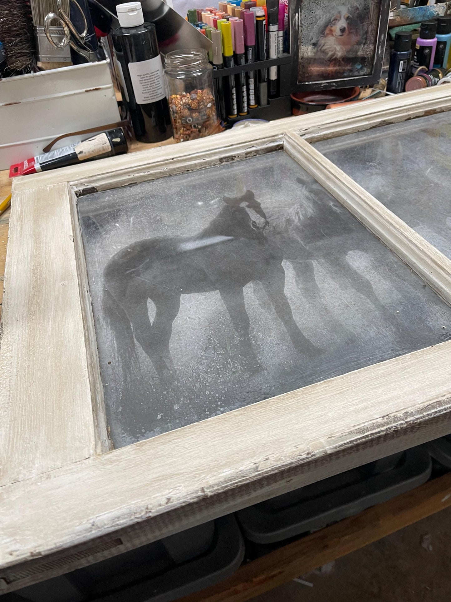 Antique Glass Wood Window Wall Art with Vintage Mirror Effects Vintage Window Panel Repurposed / Recycled Art Displaying Four Horses in Mist