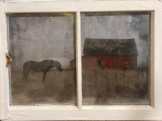 Through the Pasture Glass – Rustic Horse & Barn Antique Window Art | window wall hanging