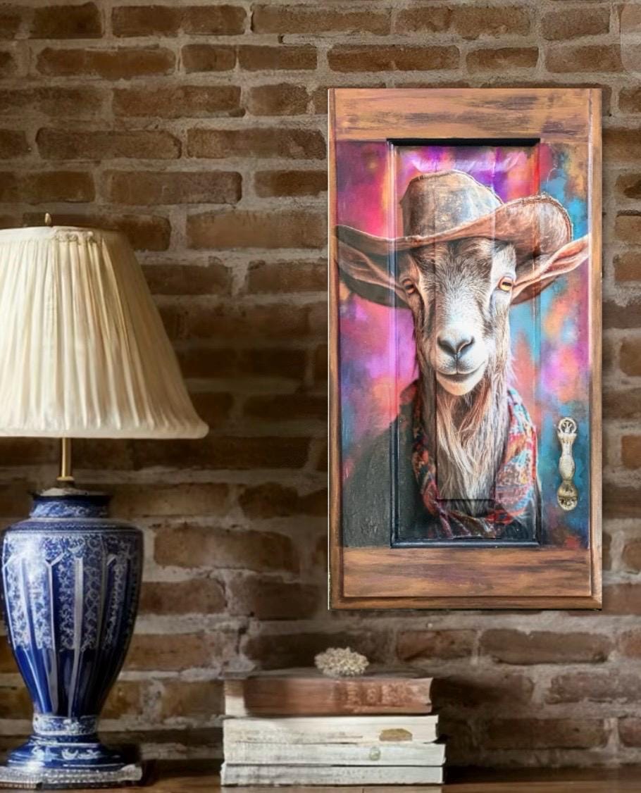 Billy the Ranch hand goat, whimsical decoupage with acrylic hand painted accents on upcycled Cabinet Door, Mixed Media Wall Hanging