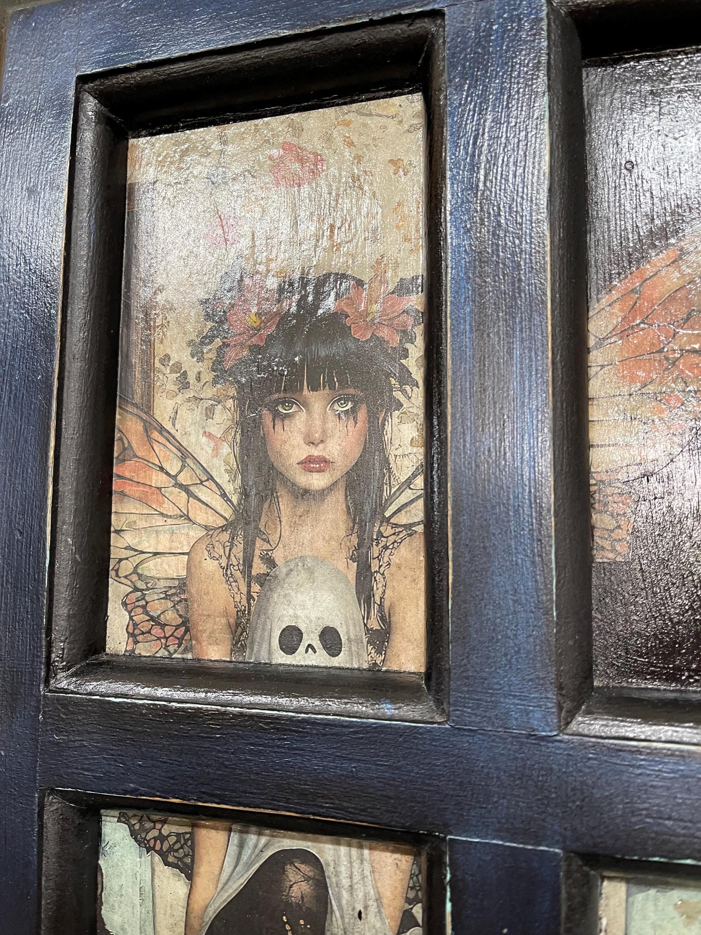 Fairy Goth Girl with Black Cat and Ghost, whimsical decoupage on decoratively painted Antique Cabinet Door, Mixed Media Wall Hanging