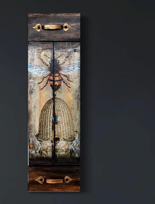Rustic Honeybee Wall Art | Reclaimed Wood Mixed Media | Handmade Bee Gift | Decoupage & Acrylic Painting | Eco Decor