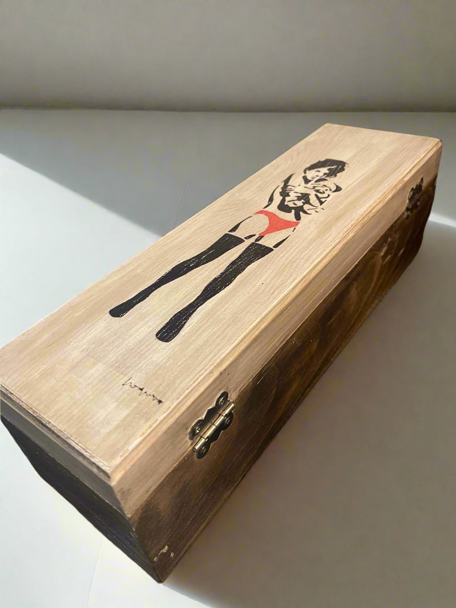 Wooden box with a graphic design of Banksy image