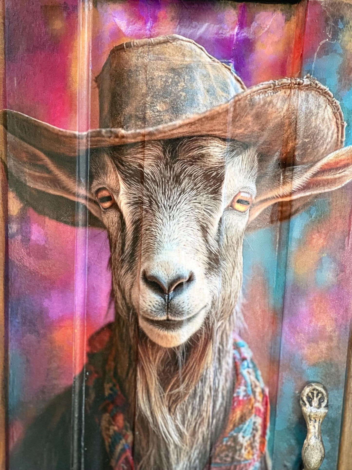 Billy the Ranch hand goat, whimsical decoupage with acrylic hand painted accents on upcycled Cabinet Door, Mixed Media Wall Hanging