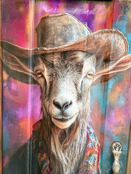 Billy the Ranch hand goat, whimsical decoupage with acrylic hand painted accents on upcycled Cabinet Door, Mixed Media Wall Hanging