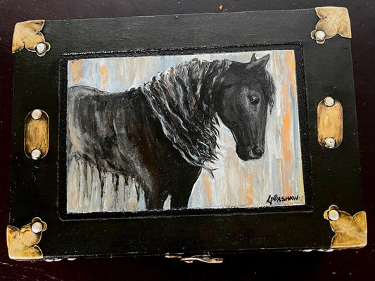 Artisan Horse Keepsake Box | Friesian Stallion “Salvatore” | Hand Painted Wood, Gloss Varnish, Velvet Interior