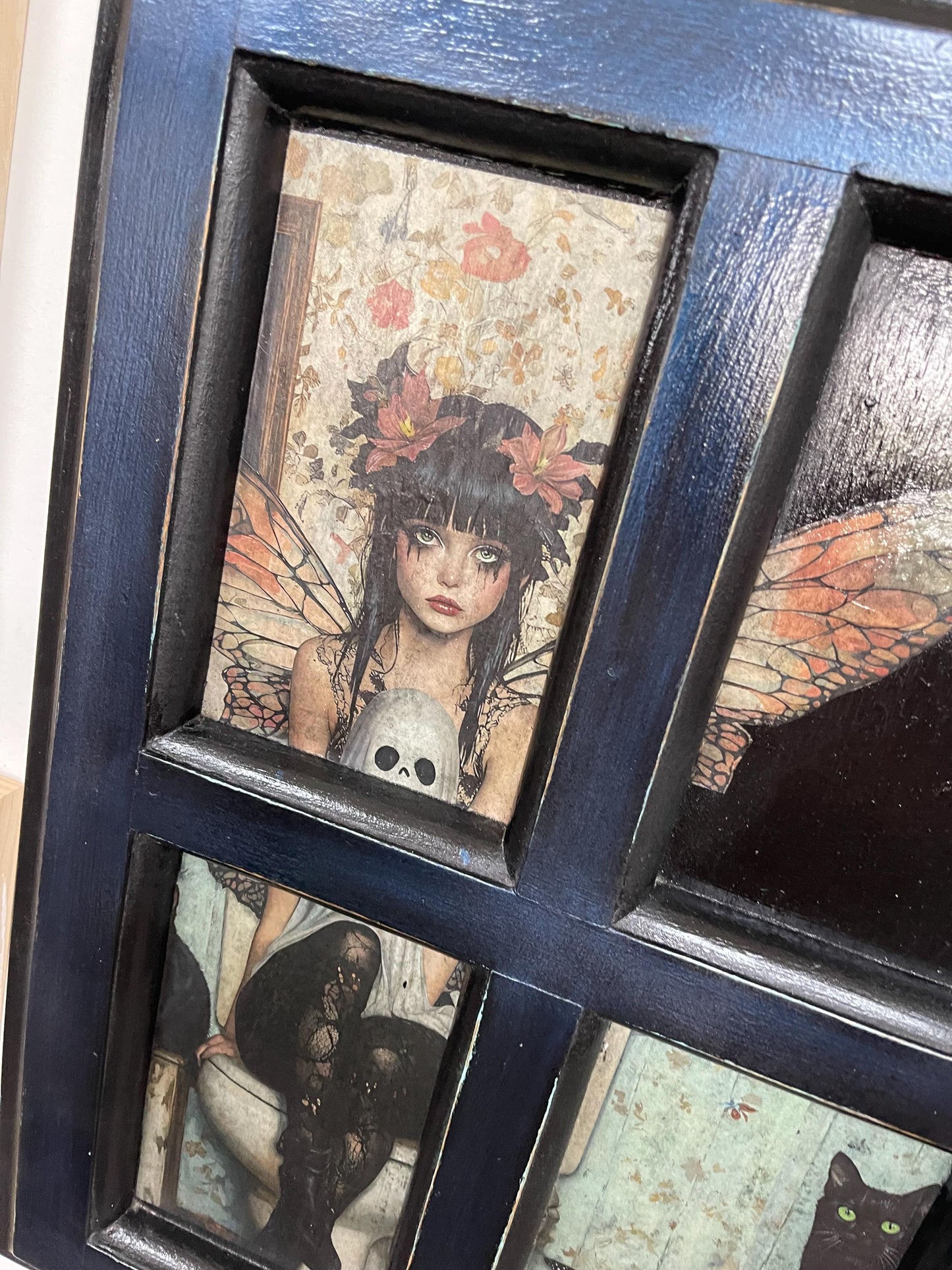 Fairy Goth Girl with Black Cat and Ghost, whimsical decoupage on decoratively painted Antique Cabinet Door, Mixed Media Wall Hanging