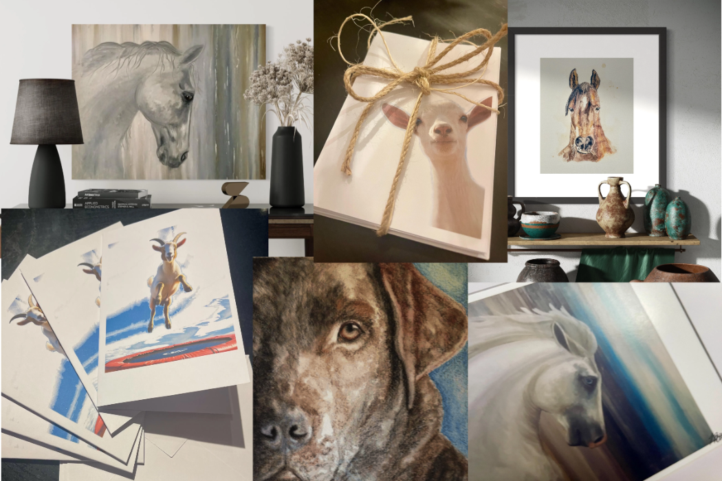 Collage of various animal-themed artworks and decor items.